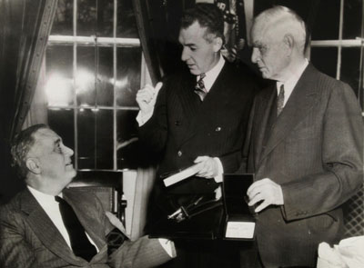 President Roosevelt, NL President Ford Frick, and Senators owner Clark Griffith 1942